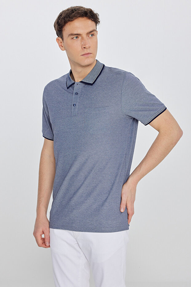 Erkek Çekmeyen Pamuklu Kumaş Regular Fit Rahat Kesim Lacivert Kıvrılmaz Polo Yaka Cepli Tişört - 5