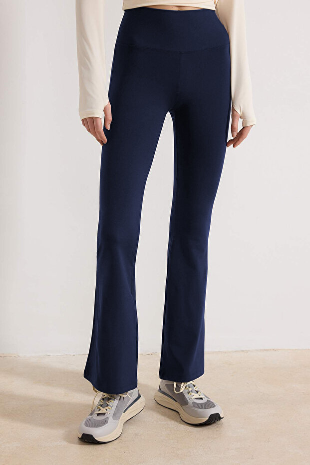 Lacivert Fırçalı Soft Kumaş Flare/İspanyol Paça Örme Spor Tayt THMSS26TY00016 - 3
