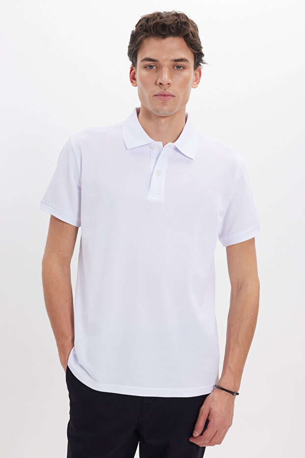 Men's Regular Fit Comfortable Cut 100% Cotton Plain Pique White Polo Neck T-Shirt
