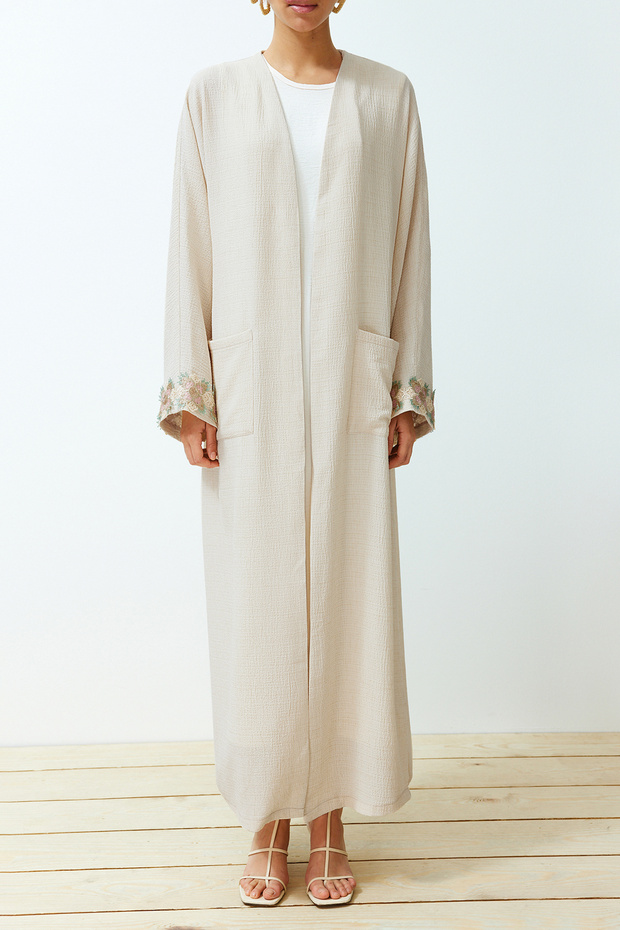 Taş Brode Detaylı Uzun Dokuma Kap & Ferace & Abaya TCTSS24KF00005 - 4