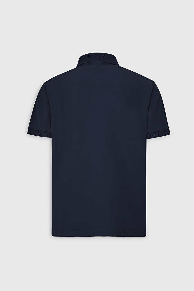Erkek Lacivert %100 Pamuk Kıvrılmaz Pike Polo Yaka Slim Fit Dar Kesim Tişört - 14