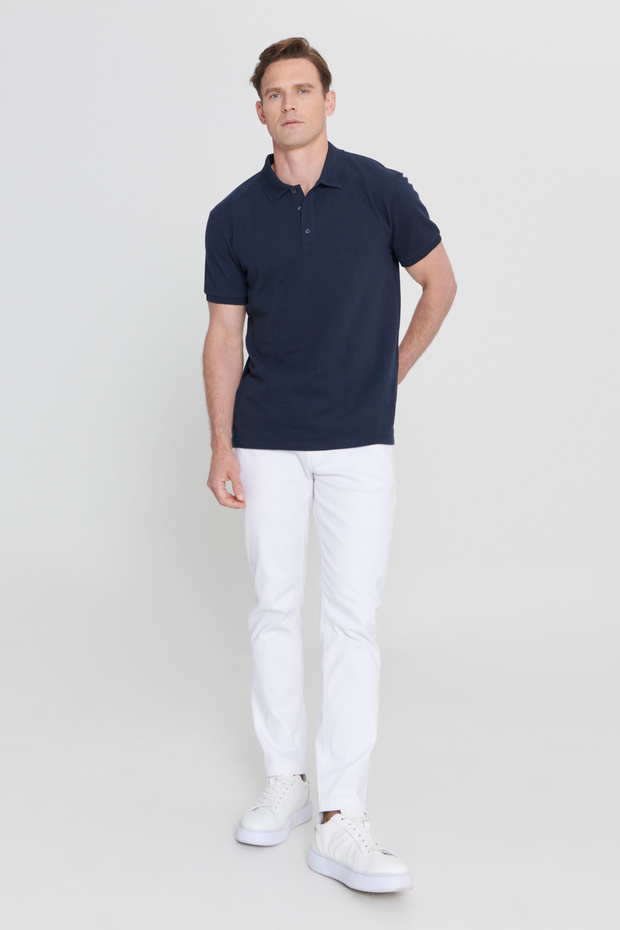 Erkek Lacivert %100 Pamuk Kıvrılmaz Pike Polo Yaka Slim Fit Dar Kesim Tişört - 9