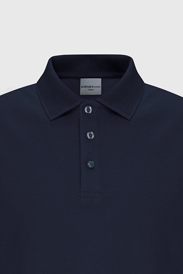 Erkek Lacivert %100 Pamuk Kıvrılmaz Pike Polo Yaka Slim Fit Dar Kesim Tişört - 12