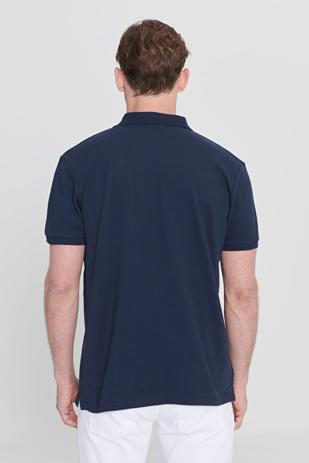 Erkek Lacivert %100 Pamuk Kıvrılmaz Pike Polo Yaka Slim Fit Dar Kesim Tişört - 10