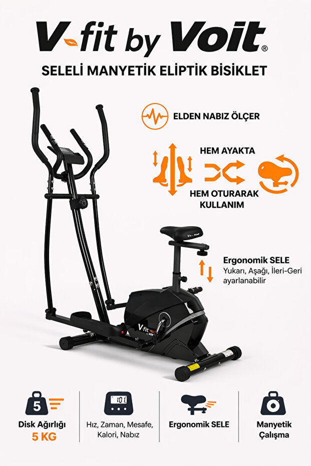 Voit V-Fit Seleli Manyetik Eliptik Bisiklet – Sessiz, Nabız Ölçerli | Oturarak & Ayakta Kullanım