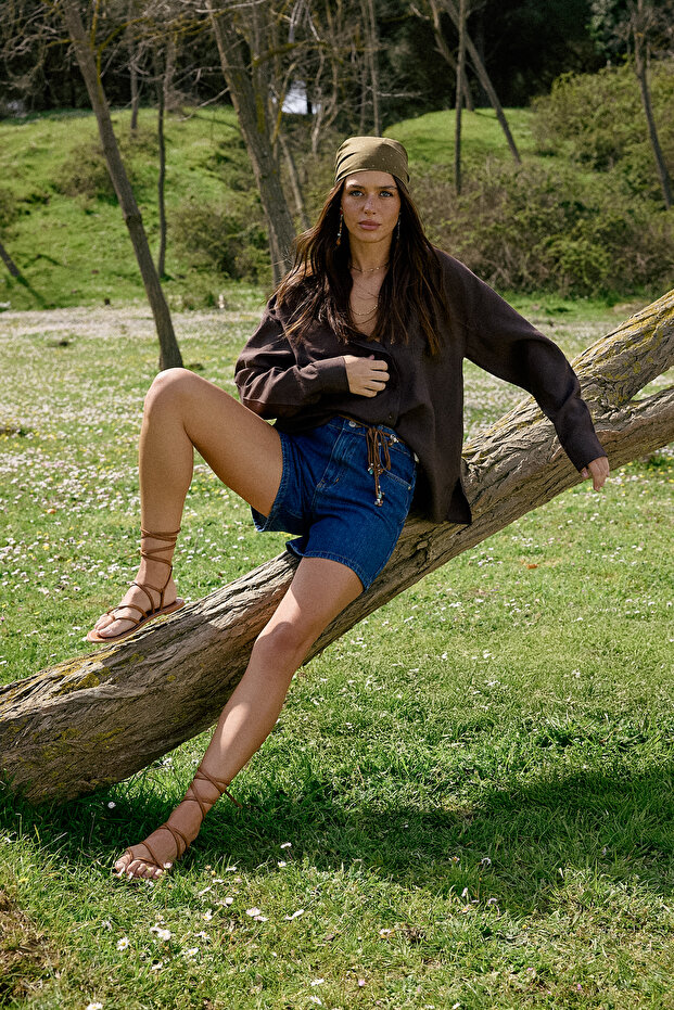 Koyu Mavi More Sustainable City Boy Yüksek Bel %100 Pamuk Denim Şort TWOSS26SR00054 - 2