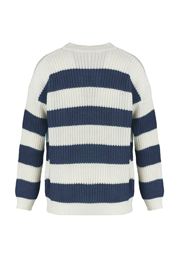 Indigo Casual Oversize Fit Geniş Kalıp Bisiklet Yaka Çizgili Triko Kazak TMNAW23KZ00106 - 8