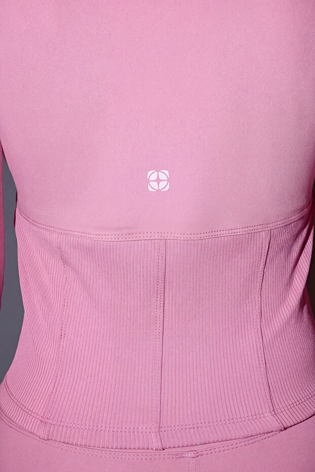 Pembe Fırçalı Soft Kumaş Baş Parmak Delikli Örme Spor Ceket/Sweatshirt THMAW25SK00001 - 5