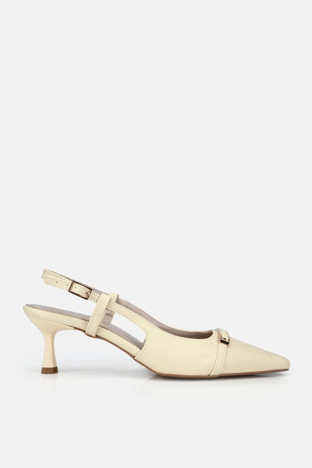 Women's Light Yellow Pointed Toe Gold Buckled Open Back Stiletto Heel U Shoes
