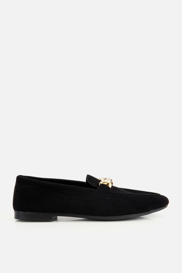 Women's Black Suede Gold Accessory Detail Loafers