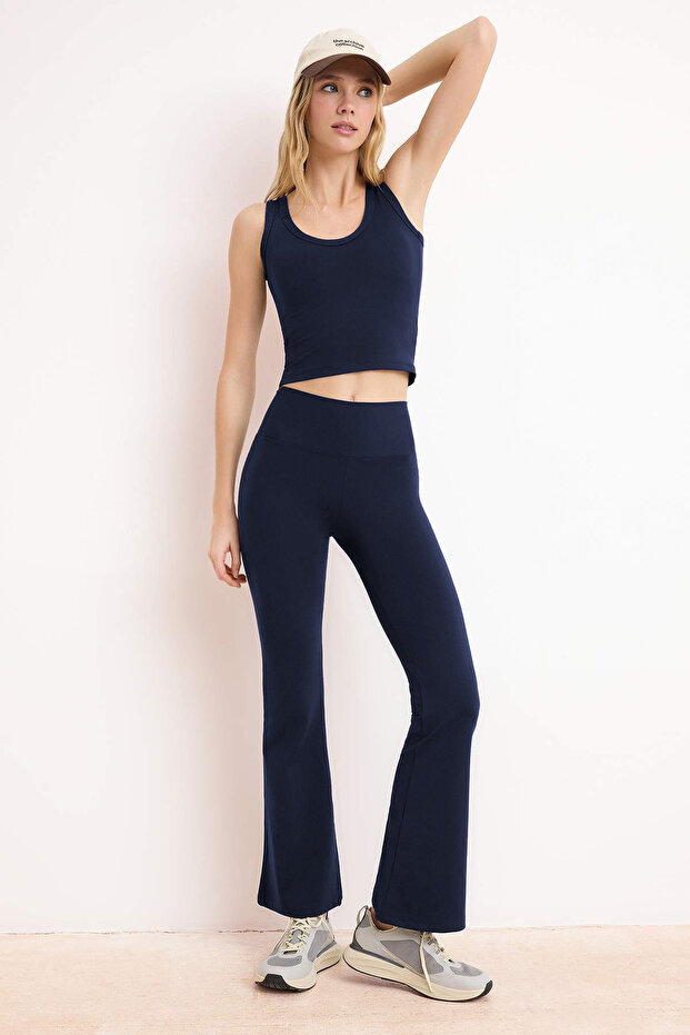 Lacivert Fırçalı Soft Kumaş Flare/İspanyol Paça Örme Spor Tayt THMSS26TY00016 - 2
