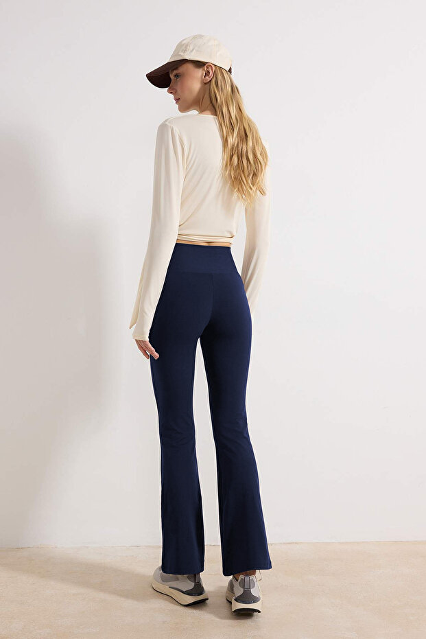 Lacivert Fırçalı Soft Kumaş Flare/İspanyol Paça Örme Spor Tayt THMSS26TY00016 - 8