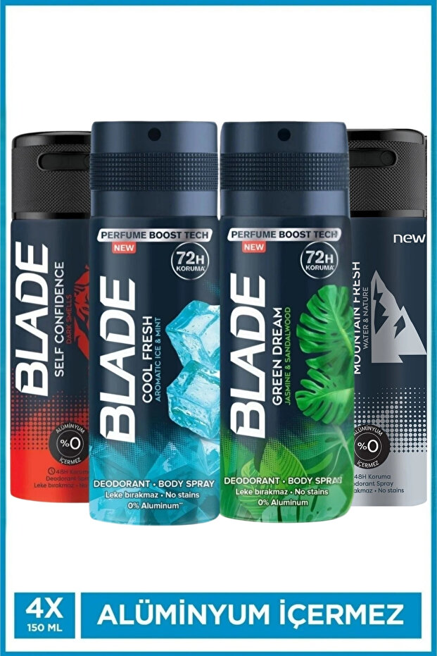 Blade Erkek Deodorant 4x150 Ml (Cool,Mountain,Self Confidence,Green Dream) Hızlı Kurur,Leke Bırakmaz