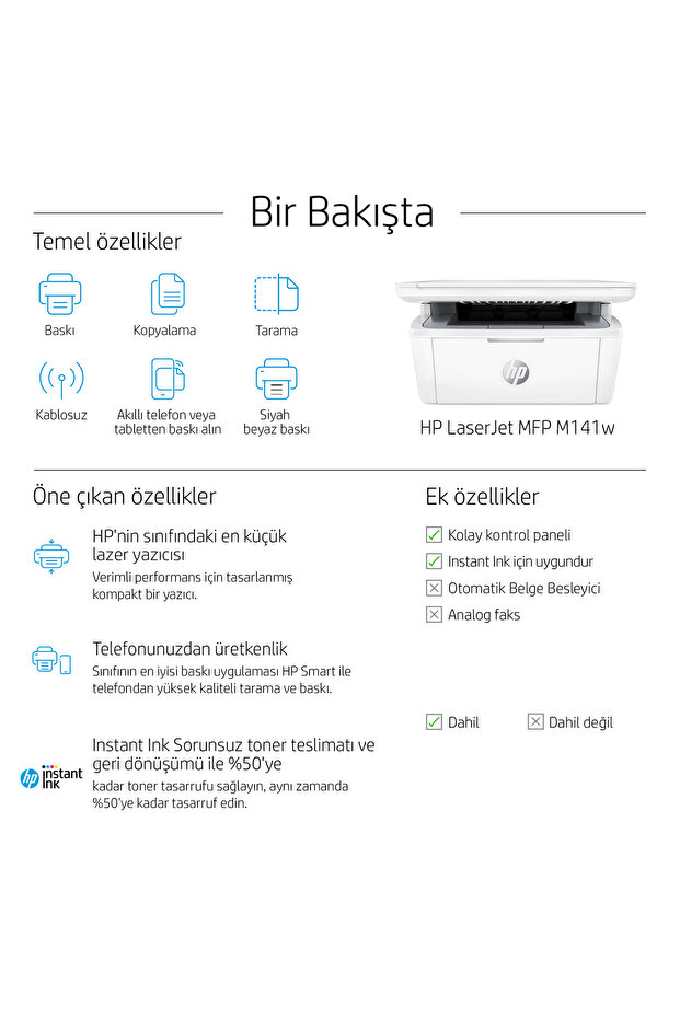 LaserJet M141w Tarayıcı Fotokopi Wifi Siyah beyaz Lazer Yazıcı 7MD74A - 5
