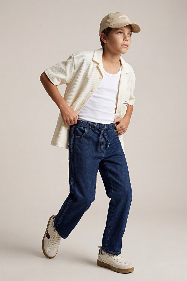 Mavi Lastikli Erkek Çocuk Kordonlu Denim Pantolon TKDSS26JE00003 - 1