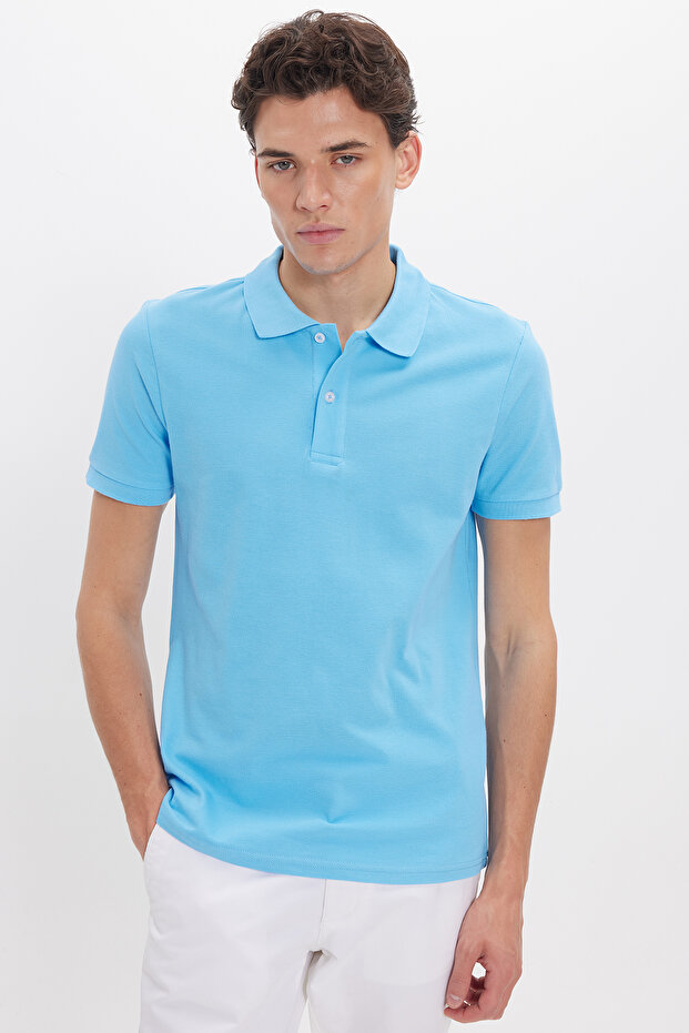 Men's Slim Fit 100% Cotton Short Sleeve Polo Collar Blue T-Shirt