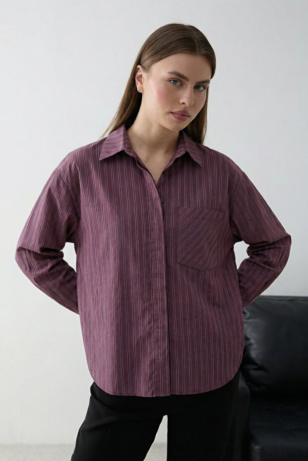 Bordo Oversize Çizgili Gömlek TCTSS26TG00045 - 2
