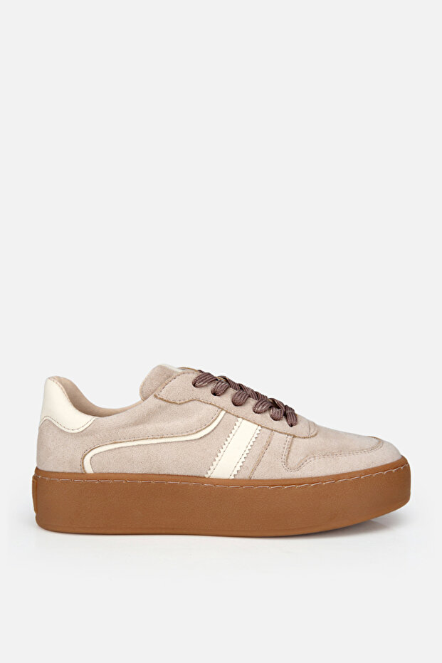Women's beige suede lace-up chunky sole sneakers