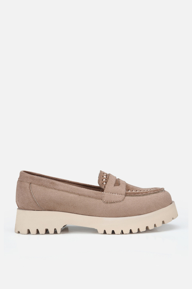 Women's Beige Stitched Suede Thick Sole Loafers