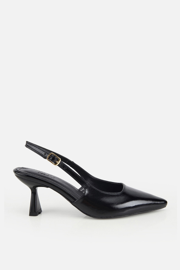 Women's black pointed-toe patent leather slingback mules