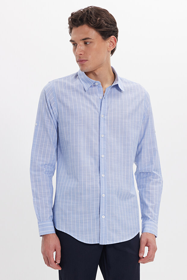 Men's Slim Fit Slim Fit Long Sleeve 100% Cotton Linen Texture Striped Shirt