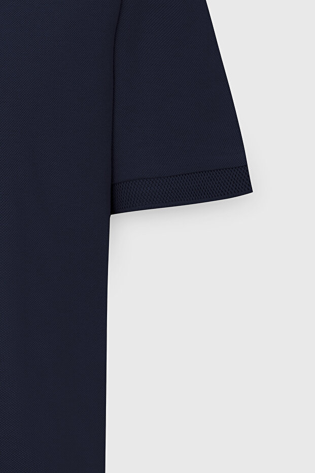 Erkek Lacivert %100 Pamuk Kıvrılmaz Pike Polo Yaka Slim Fit Dar Kesim Tişört - 13