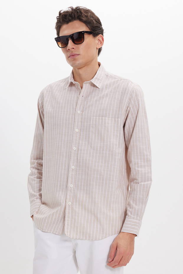 Men's Regular Fit Classic Cut Oversize Long Sleeve 100% Cotton Linen Texture Pocketed Beige Striped Shirt