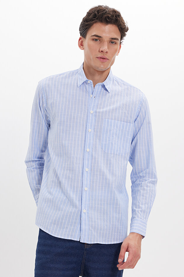 Men's Regular Fit Classic Cut Oversize Long Sleeve 100% Cotton Linen Texture Striped Blue Shirt with Pockets
