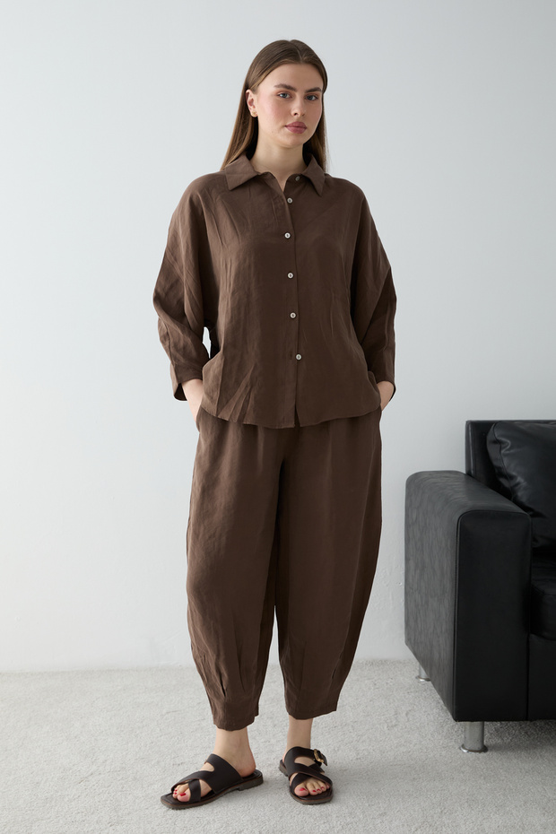 Kahverengi Oversize Gömlek Pantolon Alt - Üst Takım TWOSS26AU00179