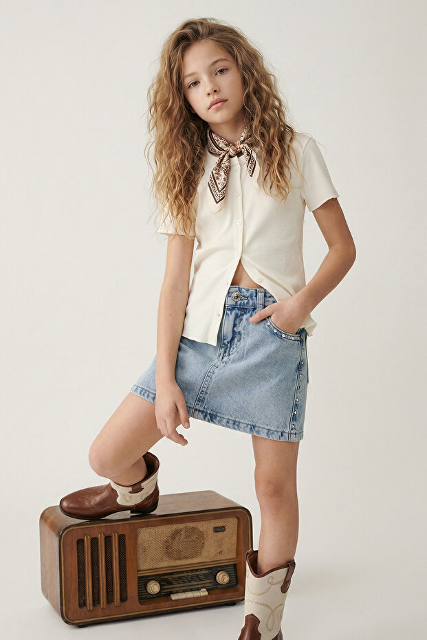 Mavi Kız Çocuk Kısa / Mini Düz Denim Etek TKDSS26ET00002 - 1