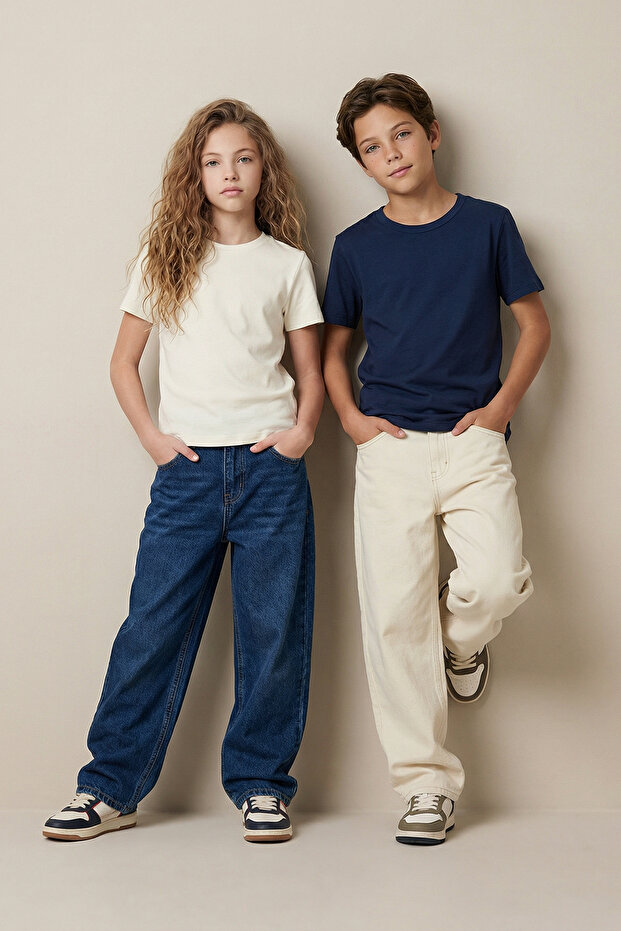 Lacivert-Ekru 2'li Unisex %100 Pamuk Basic Regular Kalıp Kısa Kol Örme T-Shirt TKDSS25TS00009 - 1