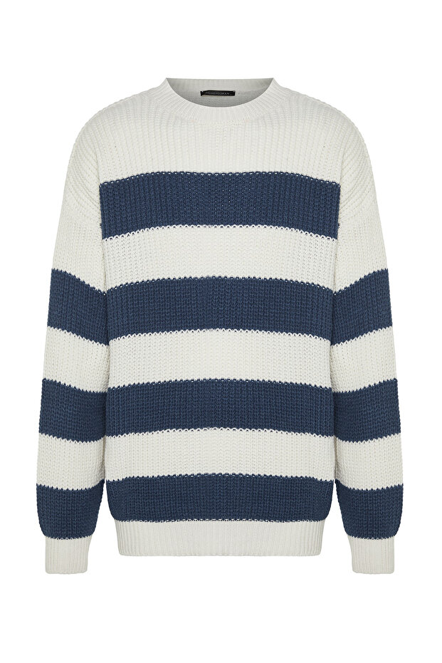 Indigo Casual Oversize Fit Geniş Kalıp Bisiklet Yaka Çizgili Triko Kazak TMNAW23KZ00106 - 7
