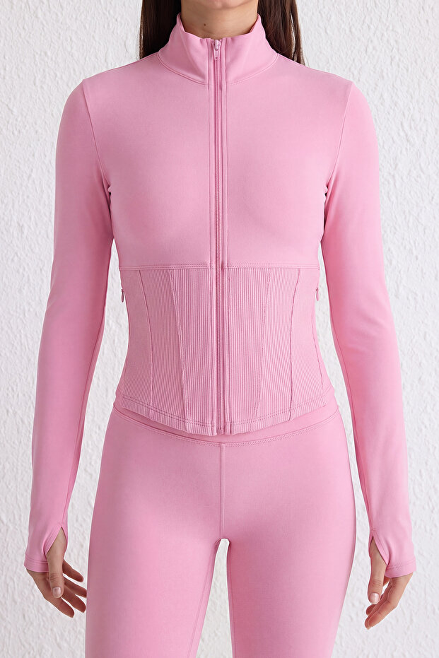 Pembe Fırçalı Soft Kumaş Baş Parmak Delikli Örme Spor Ceket/Sweatshirt THMAW25SK00001 - 3