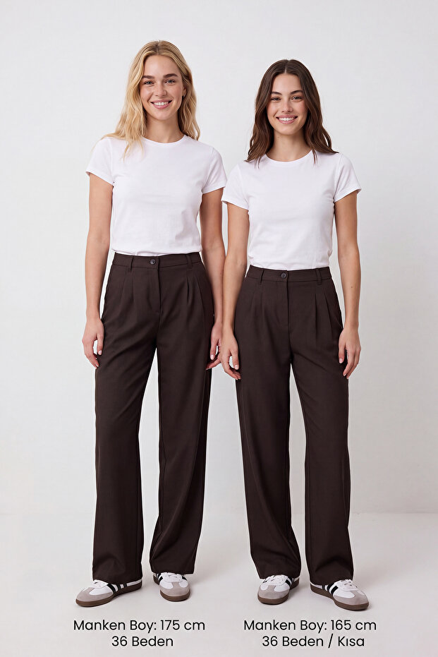 Koyu Kahverengi Wide Leg/Geniş Paça Palazzo Pilili Dokuma Kumaş Pantolon TWOAW22PL0475 - 3