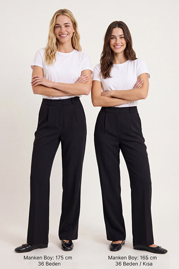 Siyah Yüksek Bel Wide Leg/Geniş Paça Pileli Dokuma Kumaş Pantolon TWOAW21PL0076 - 2