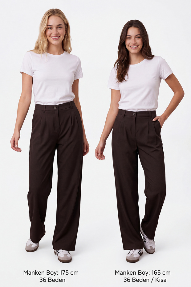 Koyu Kahverengi Wide Leg/Geniş Paça Palazzo Pilili Dokuma Kumaş Pantolon TWOAW22PL0475 - 4