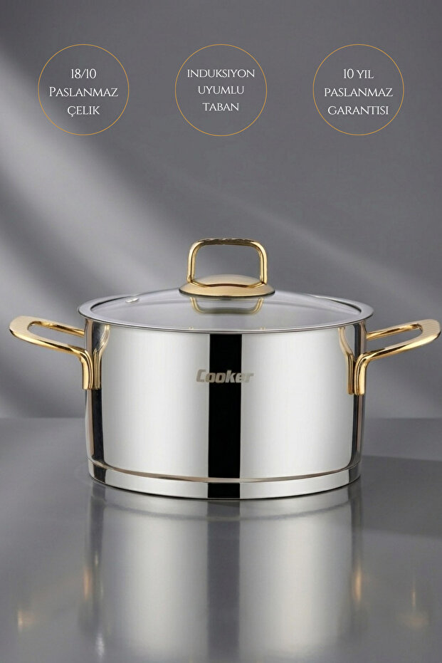 20 cm 3.2 Liter Induction Compatible Bomonti Stainless Steel Deep Pot with Gold Handle Ckr3469