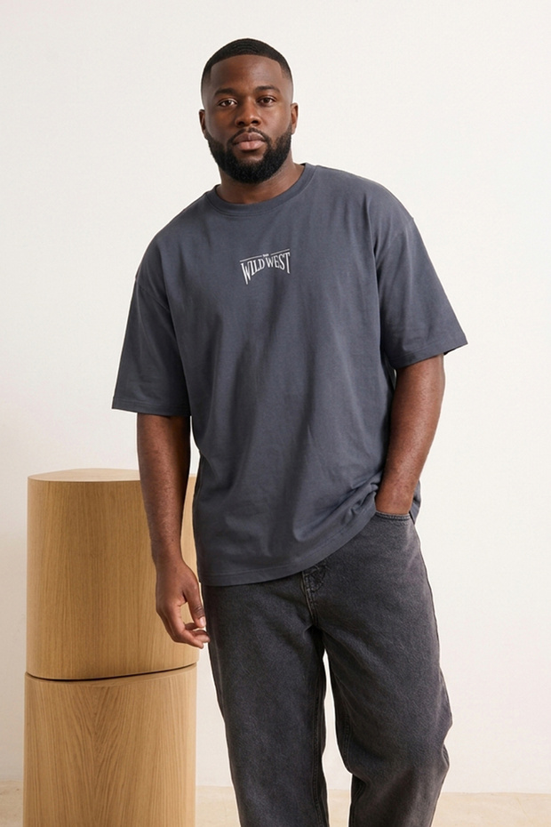Büyük Beden Antrasit Oversize/Geniş Kesim %100 Pamuklu T-Shirt TMNSS25BF00008 - 2