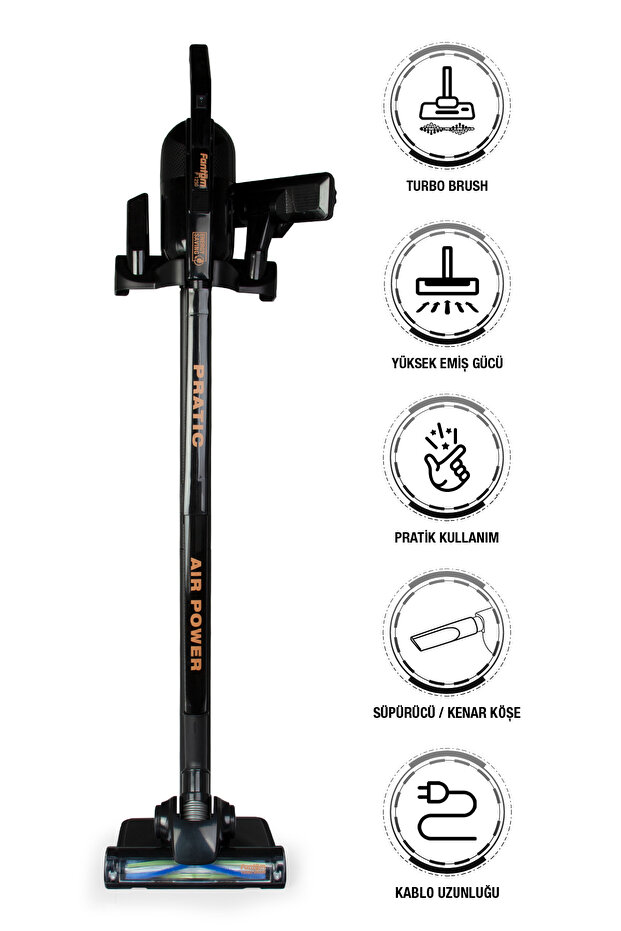 FANTOM Pratic Aır Power P 1250 Siyah Torbasız Dönebilen Turbo Başlıklı Dikey Süpürge