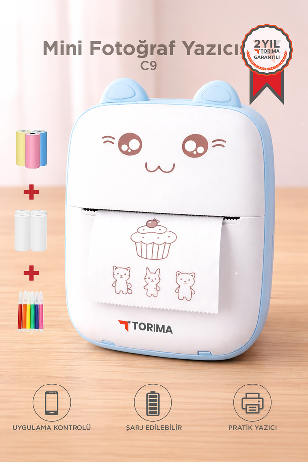Torima Yazıcı Termal Kablosuz Bağlantılı Ap Kontrol Taşınabilir Mini Yazıcı C9 Mavi