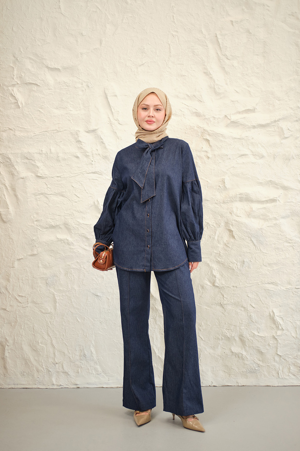 Women's Drawstring Sleeve Button Detail Collar Tie Jeans Trousers Set Navy Blue
