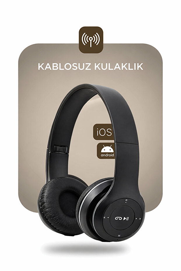 Bluetooth Kulaklık Kulak Üstü Kablosuz Kulaklık P47 Siyah - 2