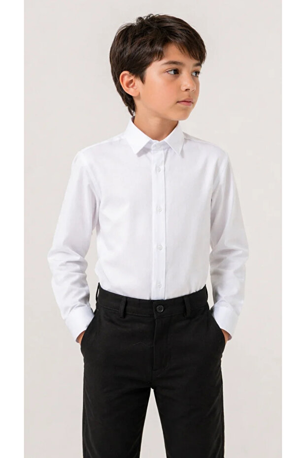 Boy's Stylish Classic White Long Sleeve Shirt – Modern Fit