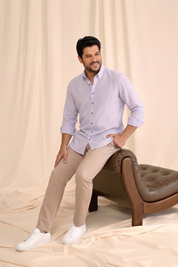 Men's Blue 100% Cotton Slim Fit Slim Fit Hidden Button Collar Linen Look Flame Shirt