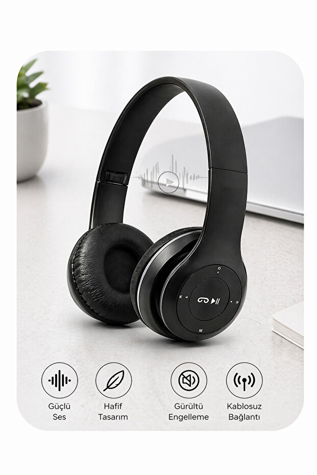 Bluetooth Kulaklık Kulak Üstü Kablosuz Kulaklık P47 Siyah - 3