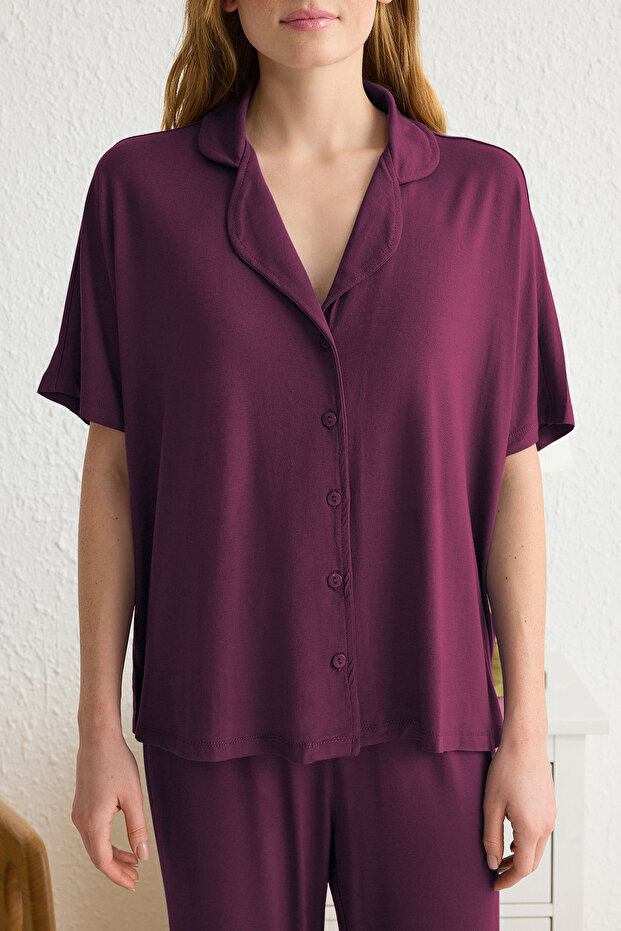 Koyu Vişne Rahat Kalıp Viskon Örme Pijama Takımı THMSS25PT00165 - 3