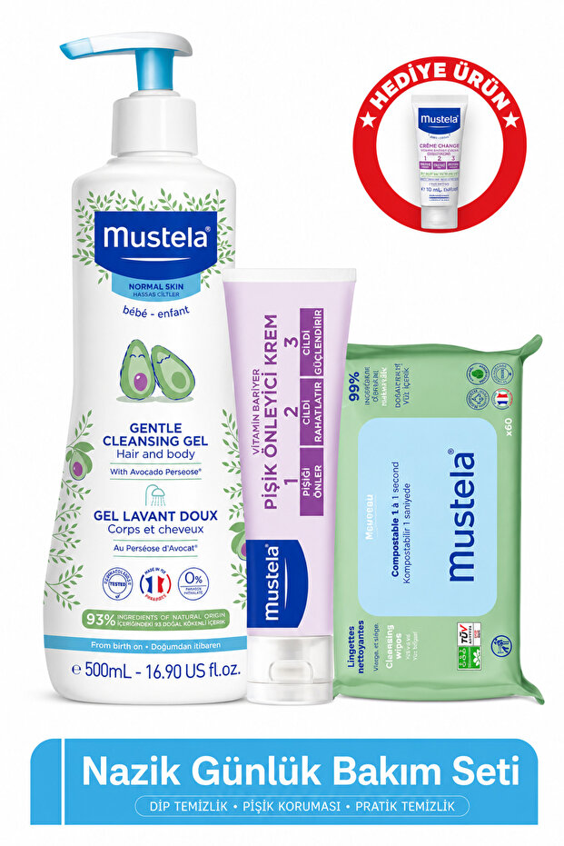 Mustela Nazik Günlük Bakım Seti +10 ml Pişik Kremi Seyahat Boy
