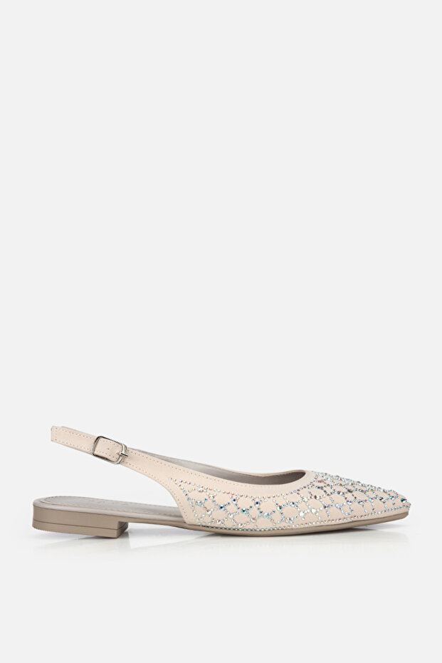 Woman's beige pointed toe open back elegant Ballet Flats with stones