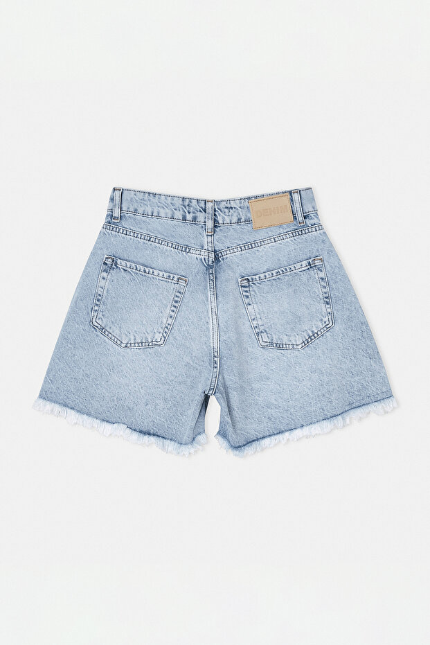 Buz Mavisi Rahat Kalıp Yüksek Bel Denim Şort TDRSS26SR00016 - 5