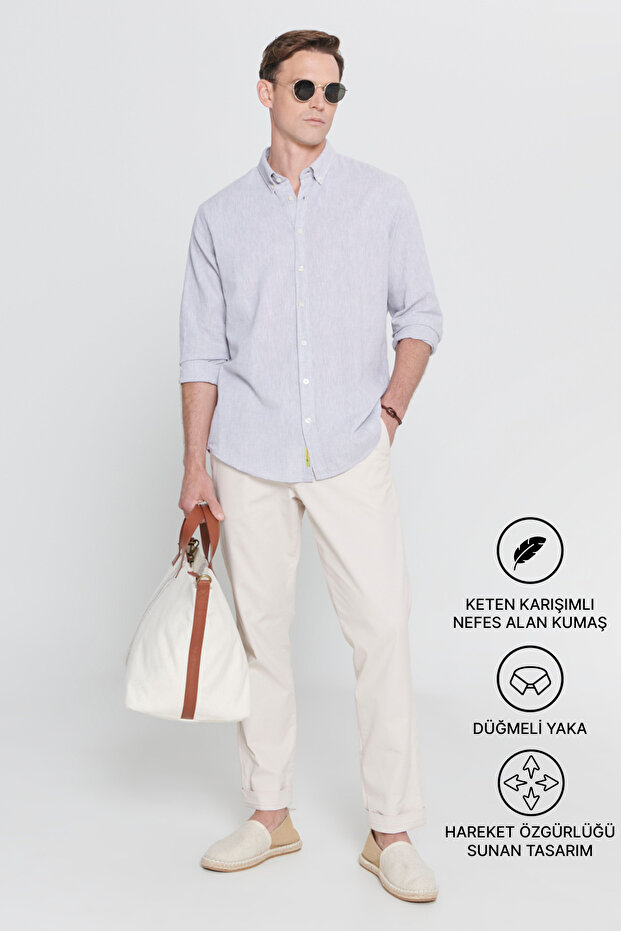 Men's Gray Linen Comfort Fit Relaxed Fit Button Collar Casual Shirt